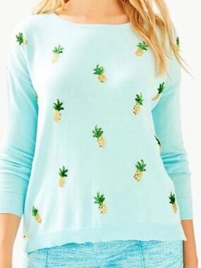 Lilly Pulitzer Caralynn Sweater Whisper Blue Tossed Pineapple